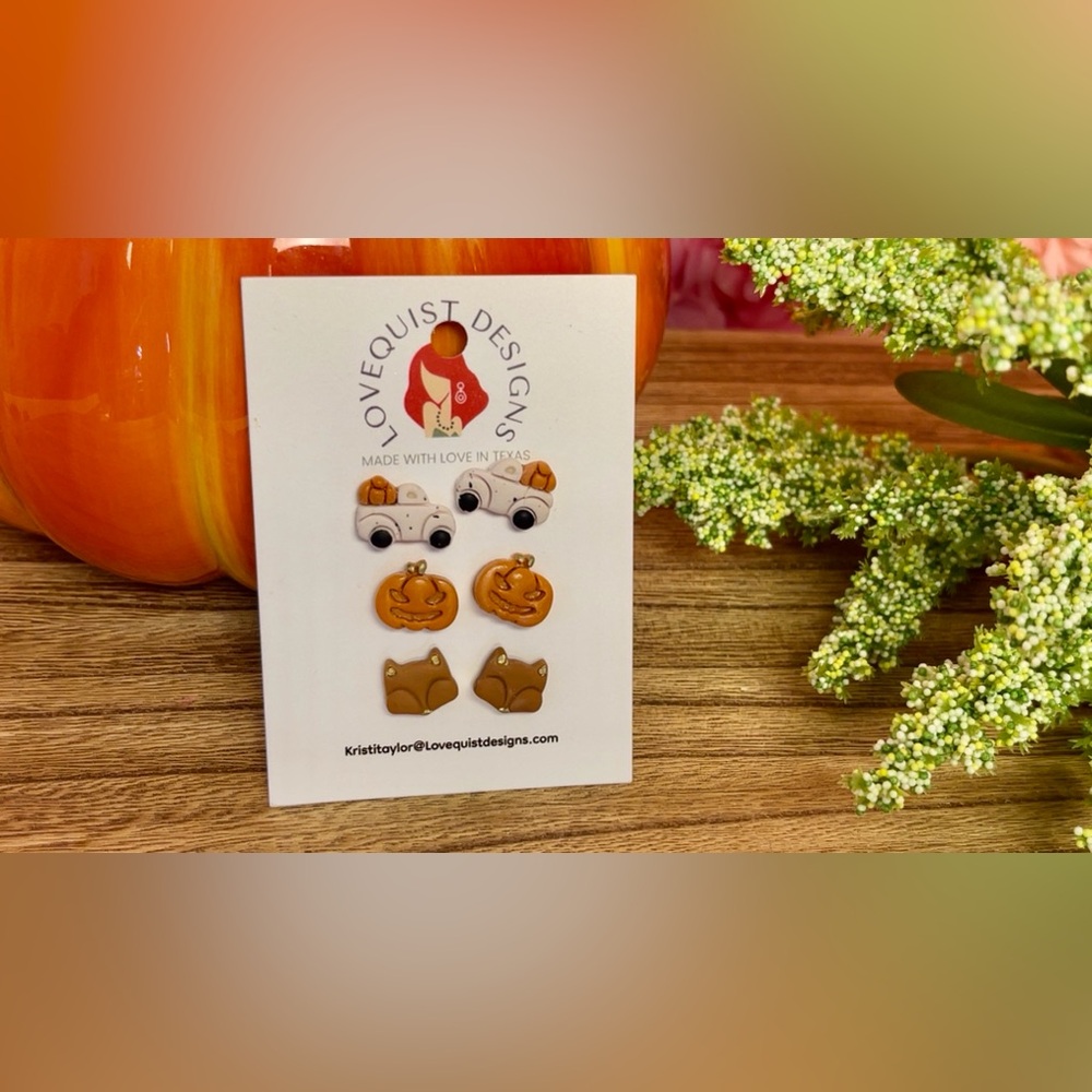 Handmade Autumn Truck Pumpkin Fox 🦊 Earring Stud Trio
